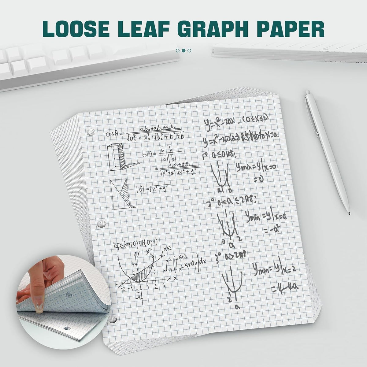 Loose Leaf Graph paper 8 x 10.5, Graph Ruled Paper, 3 Hole Punched Paper, 4 x 4 Quad Ruled Graph Paper, 10-1/2" x 8" Filler Paper Notebook Paper, 120 Sheets Graphing Paper for Business Home School