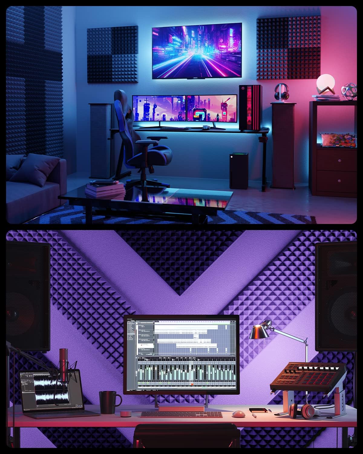 Sonicism 12 Pack Pyramid Sound Proof Foam Panels with Self-Adhesive, 12" X 12" X 2" Acoustic Foam Panels of High Density, Soundproof Wall Panels Fast Expand, Sound Absorption and Decoration (Black)