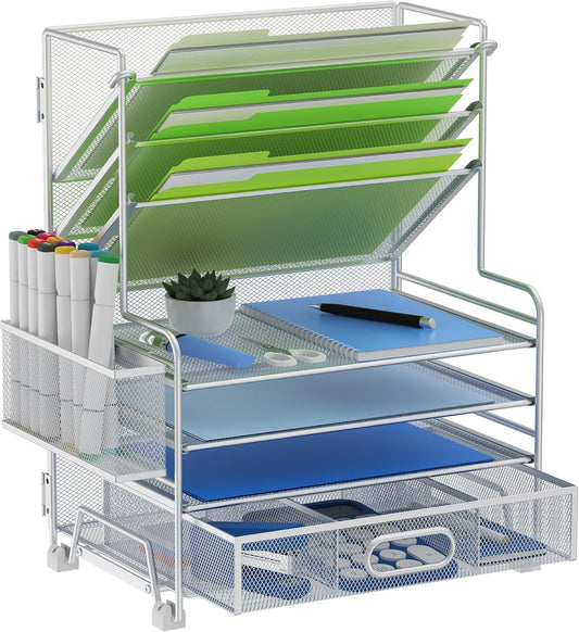 4-Tier Paper Organizer + 3-Pocket File Holder + Drawer + Pen Holders, Desktop File Organizers Paper Tray for Office Supplies School Classroom Organization (Silver, with Drawer & Pen Holder)