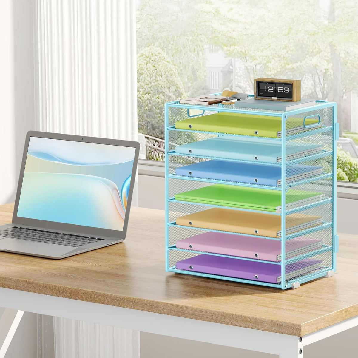 8 Tier Paper Organizer with Handle, Metal Mesh Desk File Organizer, Large Capacity Desk Organizers Paper Letter Tray Desktop Document Sorter for Office, Home or School - Blue