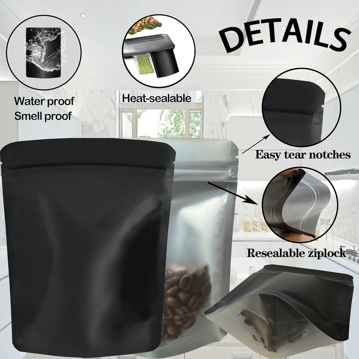 100 Pack Reusable Mylar Bags, 3.62 x 5 inches, Black, Premium Smell Proof with Double-sided Matte Design, Resealable Zipper, Sealed Plastic and Aluminum Foil Construction
