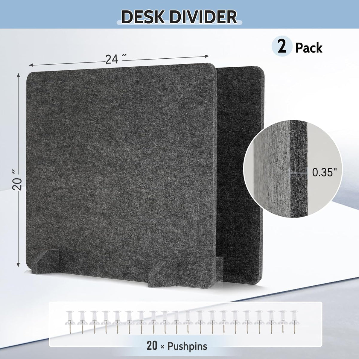 2 Pack Acoustic Desk Dividers - 24" x 20" Freestanding Privacy Panels Set with Noise - Reducing Design Cubicle Sound Proof, Ideal for Office, Classroom, and Home (Dark Gray)