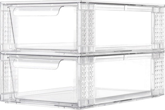 2 Pack Clear Stackable Storage Drawers, 3.95" H Easily Assemble Acrylic Organizer Bins - Multi-Use for Make up, Closet, Pantry, Bathroom, Medicine, Kitchen Cabinet & Undersink Organization