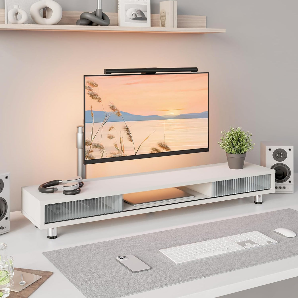 Fenge Dual Monitor Stand, 42.5inch Long Monitor Stands Riser for 2 Monitors, Sliding Door with Storage Organizer Stand for Desk, 2 Tier Desk Shelf for Laptop, Pc, Printer, Computer, TV