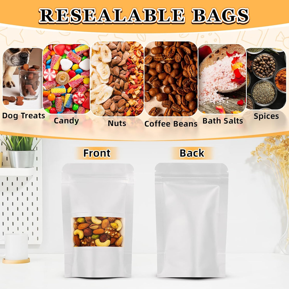 Food Bags 100 Pack Granola Trail Mix Bags Mylar Bags with Window Resealable Mylar Stand Up Pouches Wax Melt Candy Bar Tea Packaging Beef Jerky Chip Bag Bolsas para Carne Seca (7.9"x11.8")