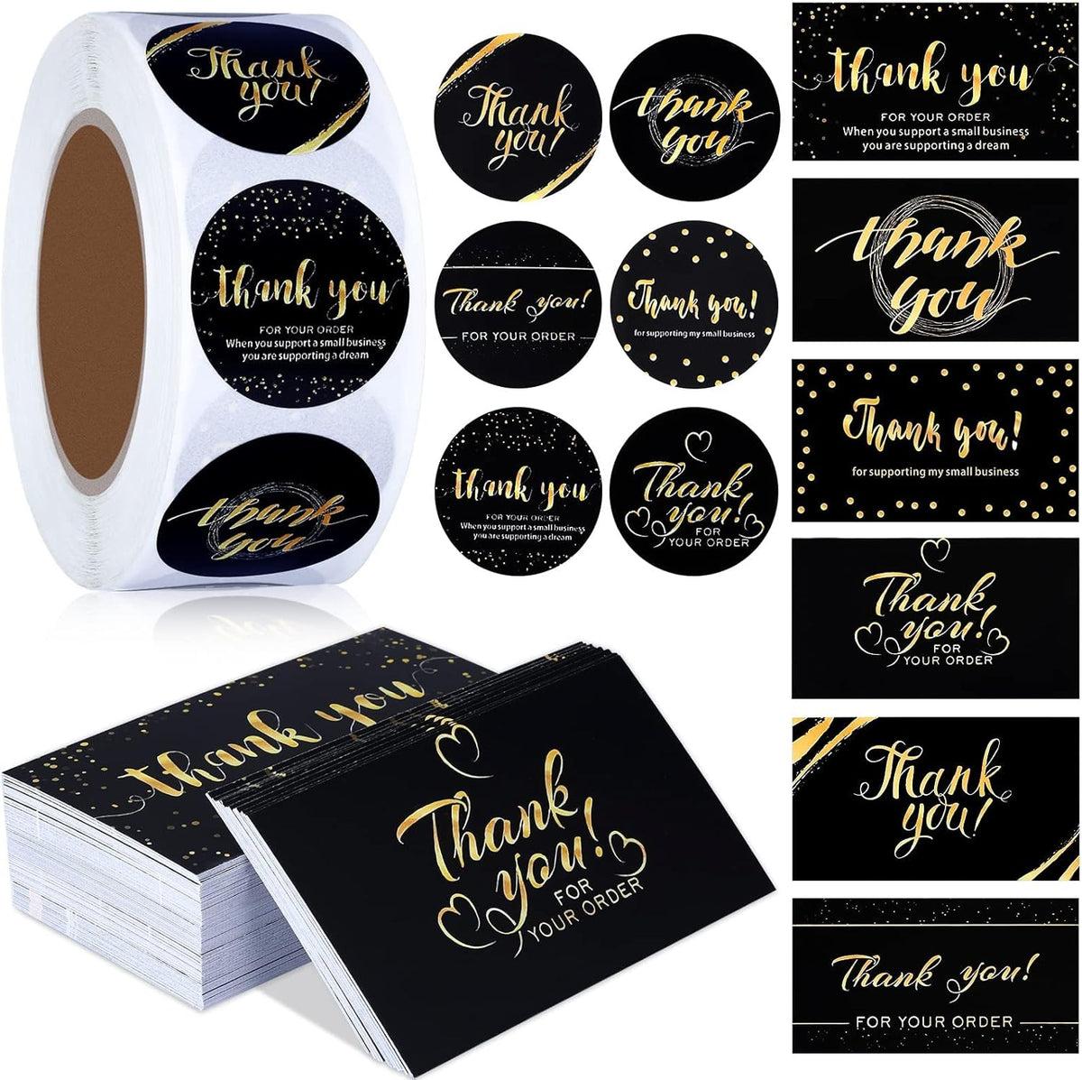 1120 Pcs Thank You Cards and Stickers Set, Include 120 Business Card 1000 Roll Labels Thank You for Supporting My Small Business Stickers Package Insert(Fresh Style)