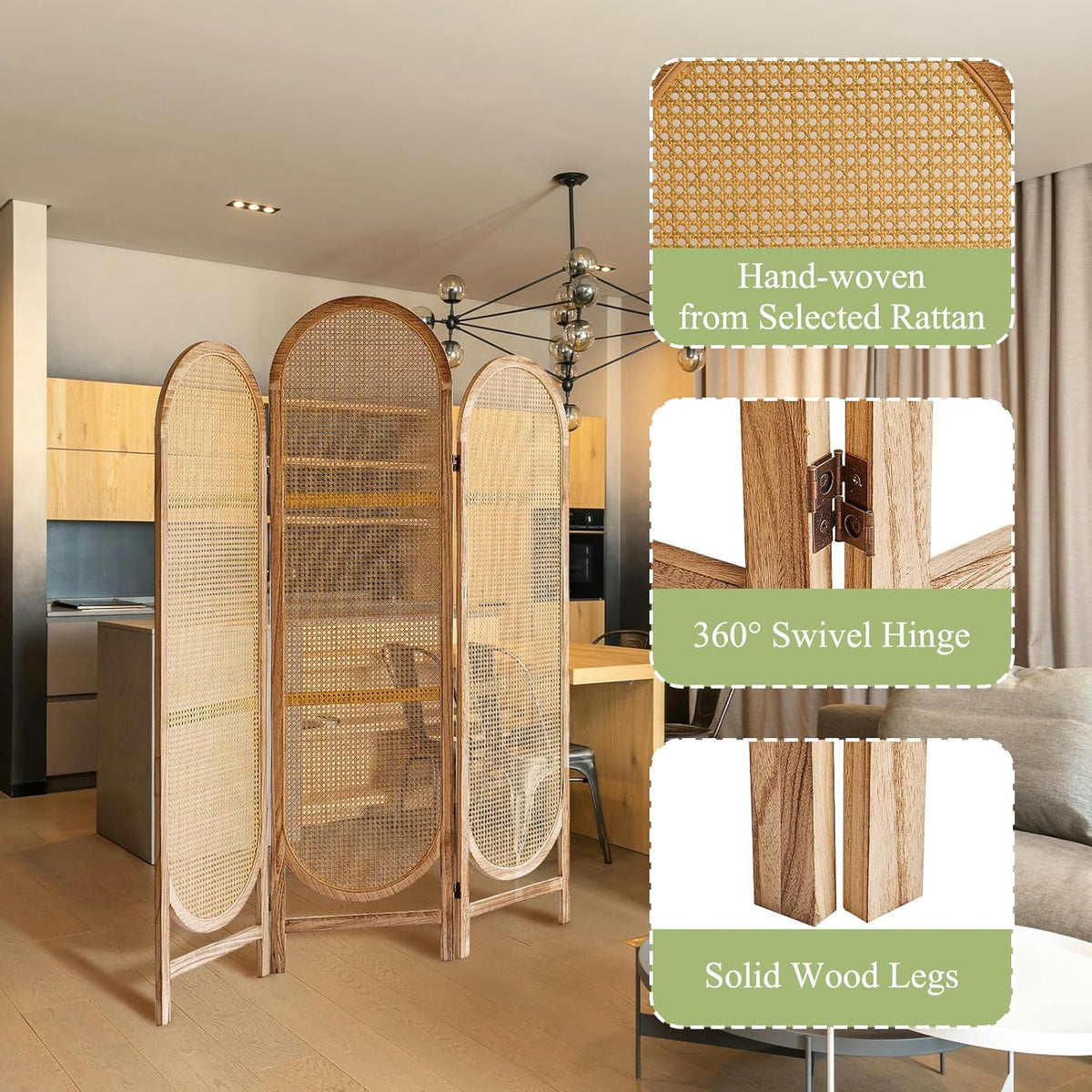 Room Divider Panel, 3 Panel Roomdivider Wall, Wood Room Dividers and Folding Privacy Screens, Rattan Partition Room Dividers, Privacy Dividers for Rooms, Bedroom, Dining Room, Light Brown