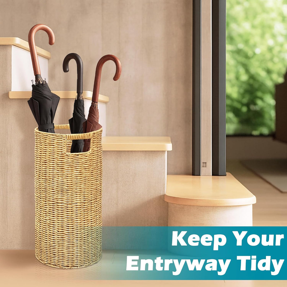Rattan Umbrella Holder 20.8" H X 10" D,Handmade Wicker Umbrella Stand Indoor with Dip Tray,Sturdy Umbrella Holders for Entryway,Umbrella Bucket Fits Mudroom,Walking Canes,Home,Office (Oak)