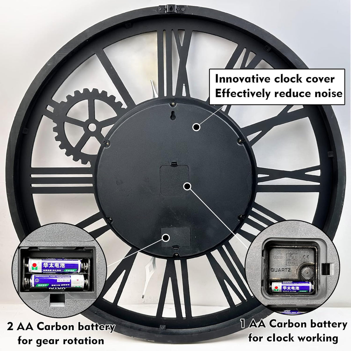 The B-Style Large Real Moving Gears Wall Clock 30 inch Rustic Retro Industrial Farmhouse Wood Clock Oversized Decorative Vintage Wall Clocks for Living Room (Silver Gray)