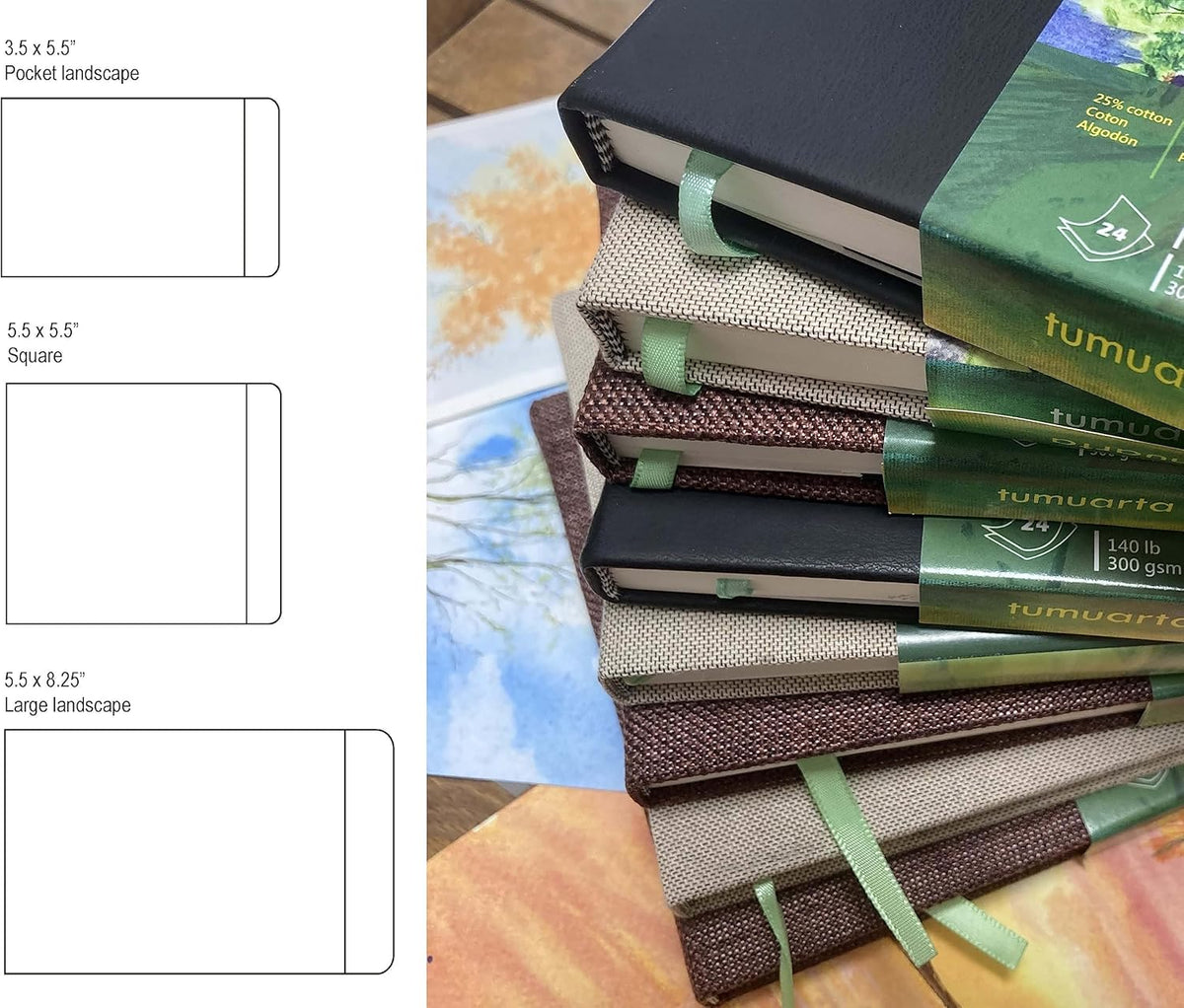 tumuarta Watercolor Journal, 8.25x5.5, 140 LB, 300 GSM, Cotton Paper, Cold Press, 24 Sheets, 48 Pages, Watercolor Paper Sketchbooks for Use As Travel Notebook and Mixed Media Pad