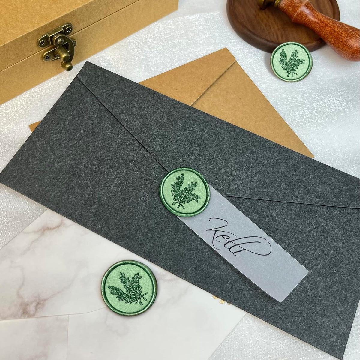 25Pcs Wax Seal Stickers Handmade Envelope Seals Self Adhesive Wax Stickers for Wedding Party Invitations, Envelope, Gift Wrap, Christmas(Rosemary Style, Green)