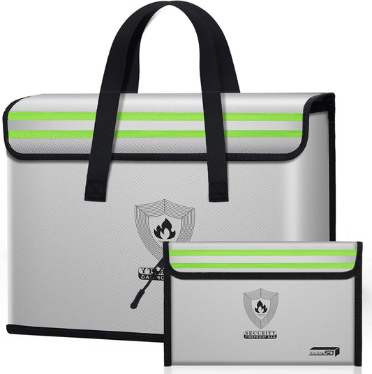 Fireproof Document Box (16"x 12" x 5") Silicone Coated with Shoulder Strap and Zipper Closure, Fireproof Money Bag (8.75"x6.0") for Cash, Coin, Credit Cards, Passport, and other Valuables