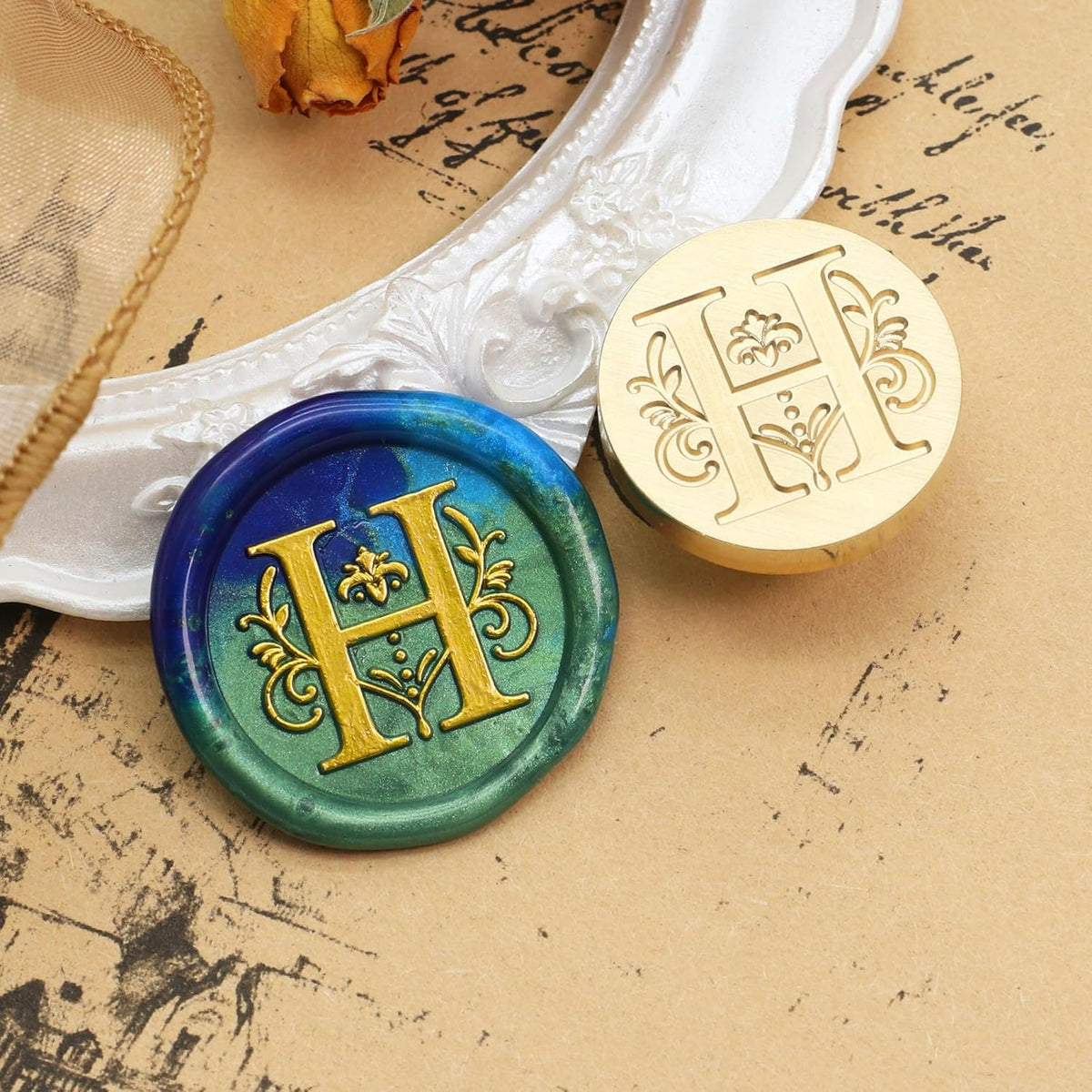 SWANGSA Initial Alphabet H Wax Seal Stamp Kit, Classic Retro Letter Sealing Stamp with 200pcs Sealing Wax Beads Kit for Wedding Invitations Cards Envelopes (H)