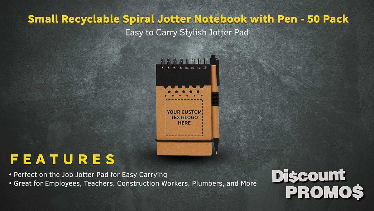 DISCOUNT PROMOS 50 Recyclable Spiral Small Notebooks Pack - Customizable Text, Logo - 60 Lined Pages - Black