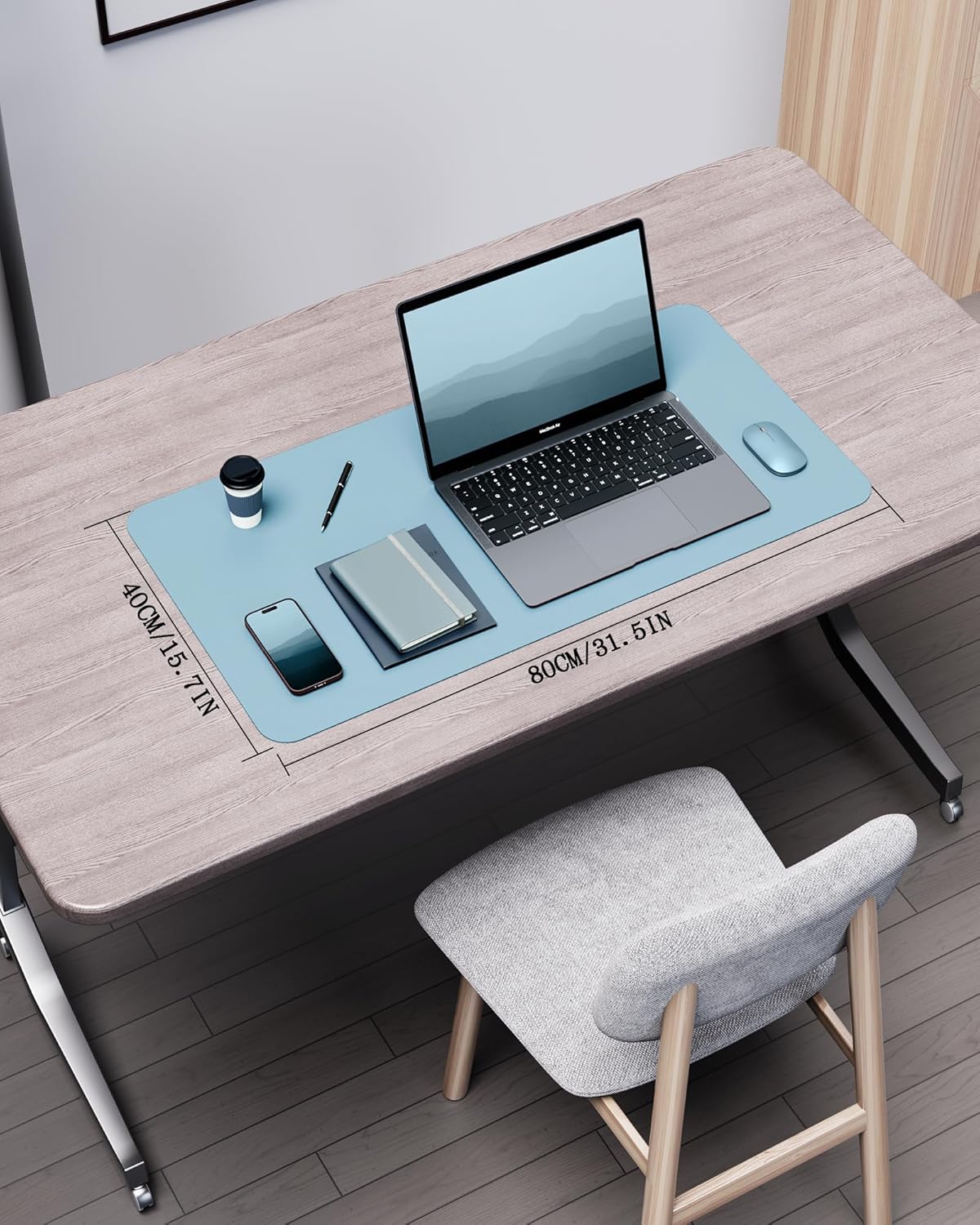 YSAGi Double-Sided Desk Pad, 31.5"x15.7" Leather Desk Mat, Eco Cork Desk Pad Protector,Large Mouse Pad,Waterproof Desk Blotter for Office/Home (Baby Blue/Cork)