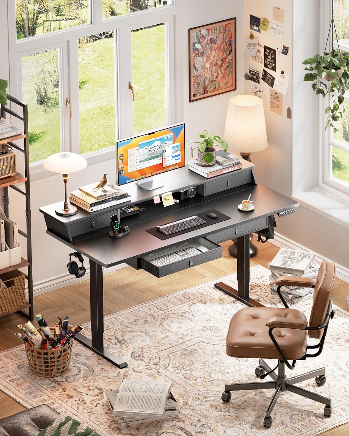 ErGear Electric Standing Desk with 4 Drawers, 55" x 30" Height Adjustable Desk with Storage, C-Clamp Mount Compatible, Computer Home Office Table with Cable Management Tray, Black