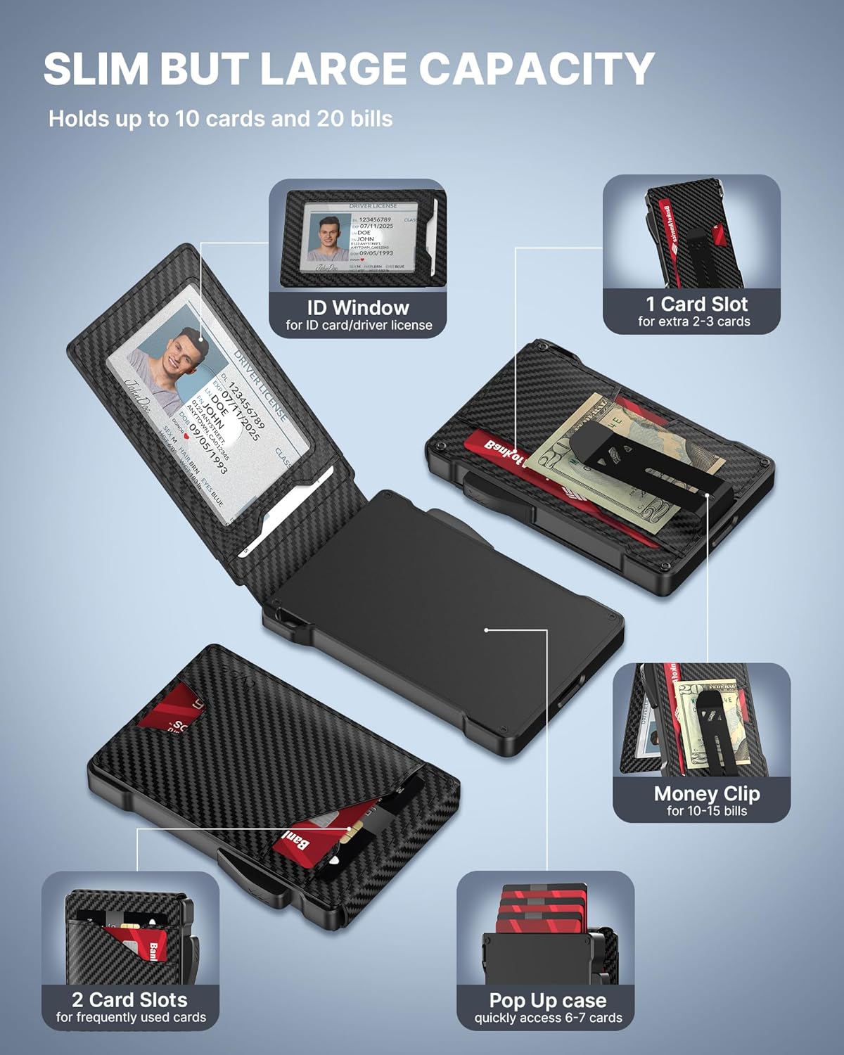 typecase Tactical Wallet for Men Card Holder: Pop Up Card Case, Genuine Leather, Smart, RFID Blocking, Slim, Minimalist, Thin, Front Pocket - 9-13 Card Capacitiy, ID Window, Money Clip (Carbon Fiber)
