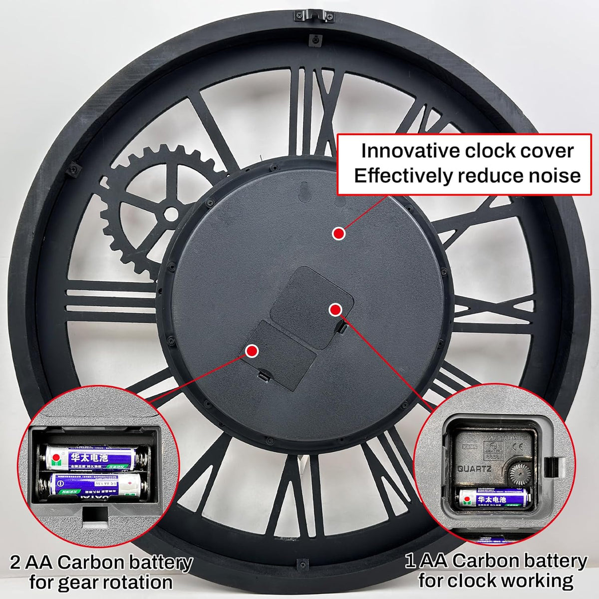 The B-Style Large Wall Clock 24 inch Moving Gear Wall Clock Oversized Vintage Farmhouse Wall Clocks for Living Room Decor Rustic Industrial Wood Clock (Carbon Gray, 36 inch/90cm)