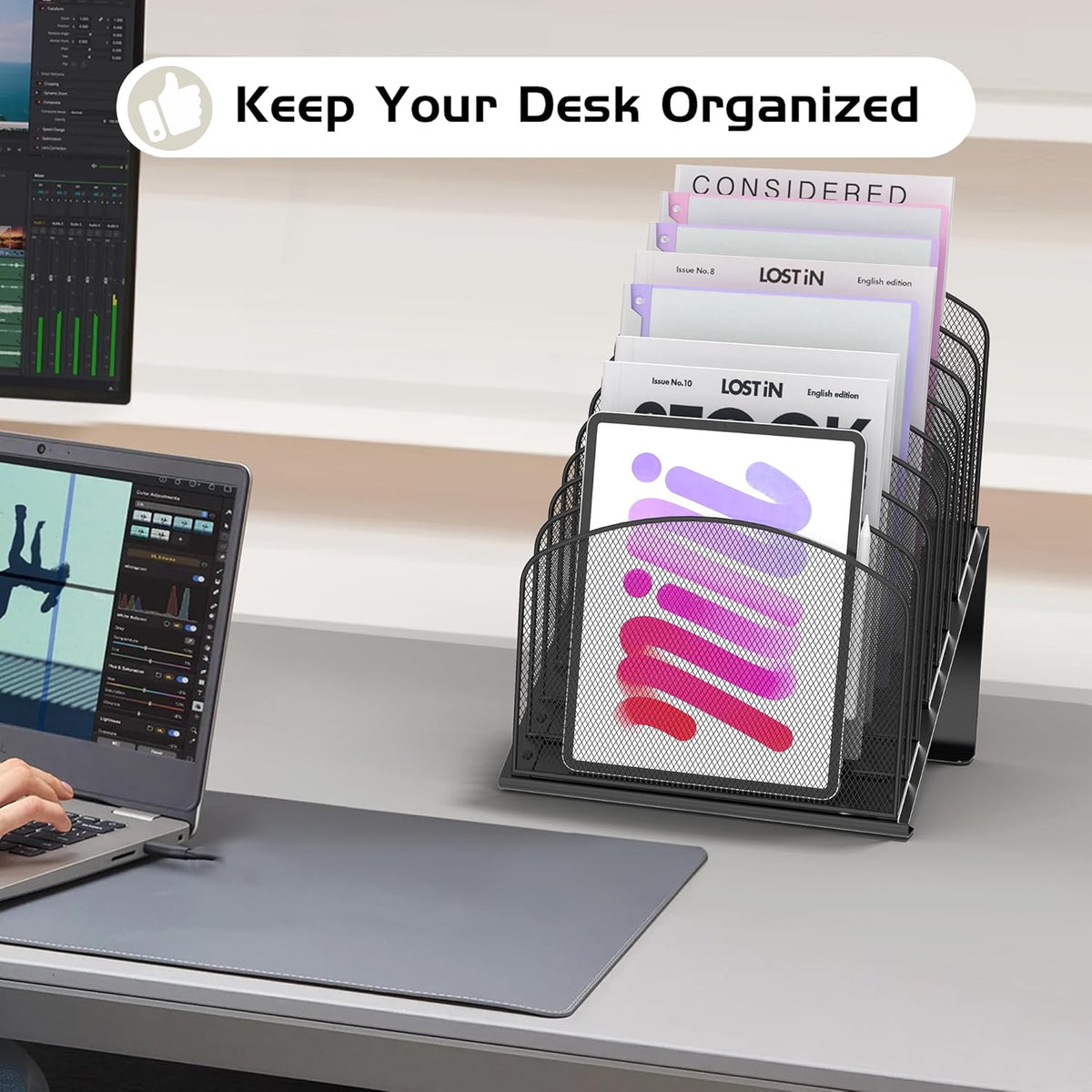 Inclined Desk File Organizer Metal Desk Magazine Folder Holder with 8-Section Vertical Compartments Rack File Organizer for Office, Home, School, Black
