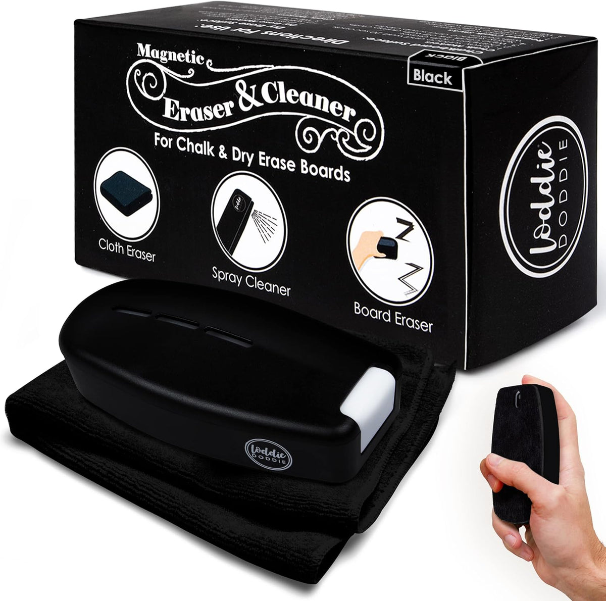 Loddie Doddie 2-in-1 Magnetic Whiteboard Eraser & Dry Erase Board Cleaner Spray - Black Ergonomic Design & Magnetic Microfiber Cloth - Non-Toxic Low-Odor Formula - Use with Dry Erase Markers