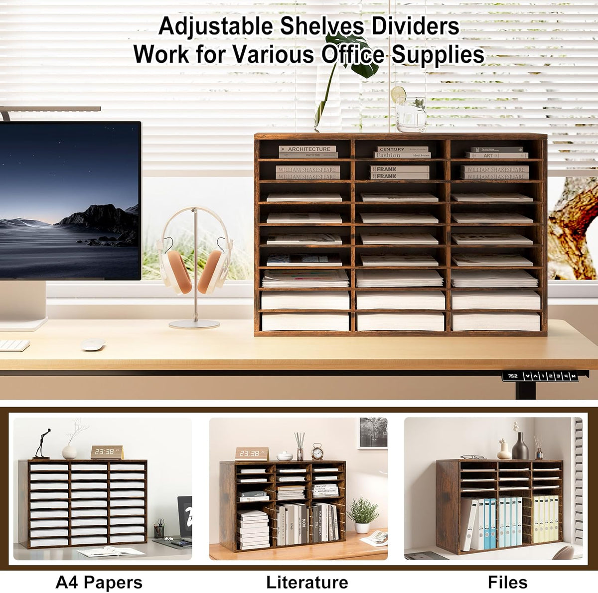 Mail Organizer Countertop, 27 Slots Wooden Desk File Literature Sorter, Adjustable Paper Storage Shelves Document Holder, Space Saving Desktop Mailbox for Office Classroom, Rustic Brown