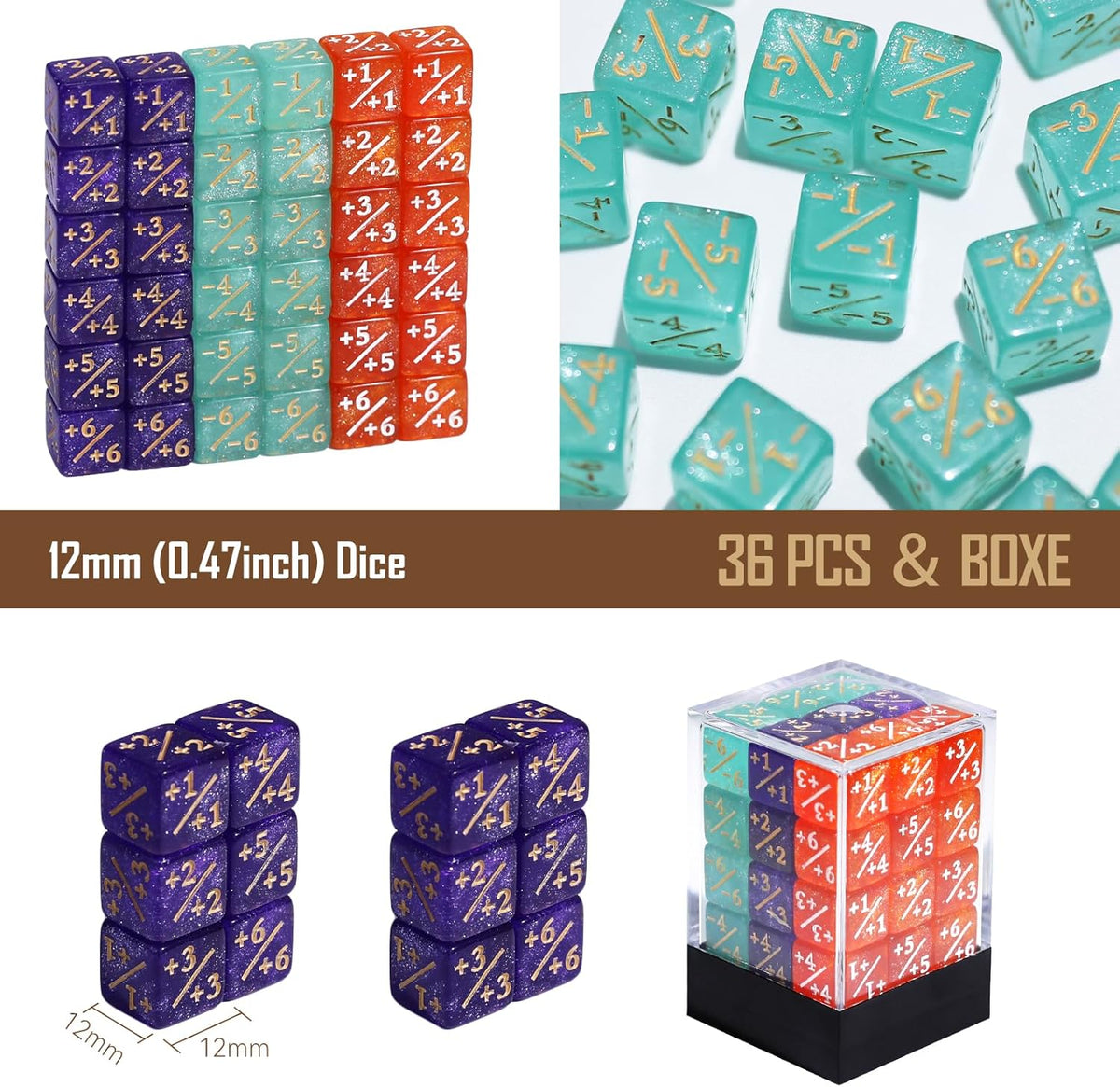 36PCS 12mm MTG Life Counters Dice Set with Box, MTG +1/+1 Tokens 6 Sided Mini Dice Set for Magic The gatering, Compatible with TCG CCG Magic Card Gaming Accessories