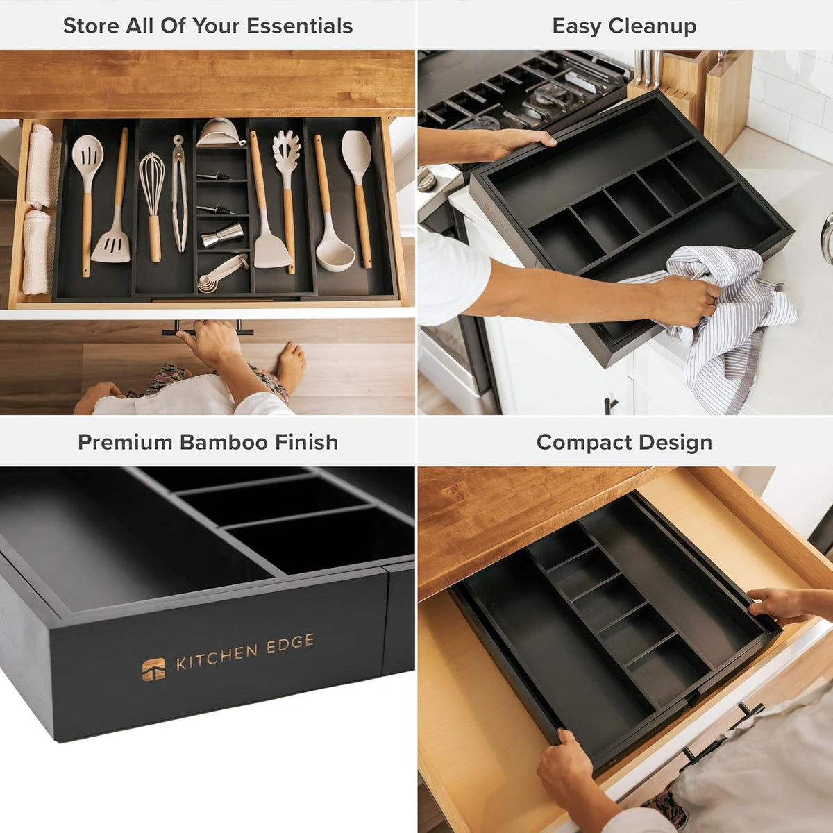 Adjustable Kitchen Drawer Organizer for Utensils and Junk, Food-Safe Contract Grade with 100% Sustainable Wood, Expandable from 16 to 28 Inches Wide - Black Bamboo