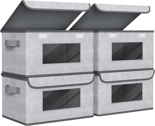 Univivi [4-Pack Fabric Storage Boxes Collapsible Storage Bins with Lids and Handles Cube Organizer Basket for Home, Closet, Bedroom (Gray, 14.4''x10''x8.3'')
