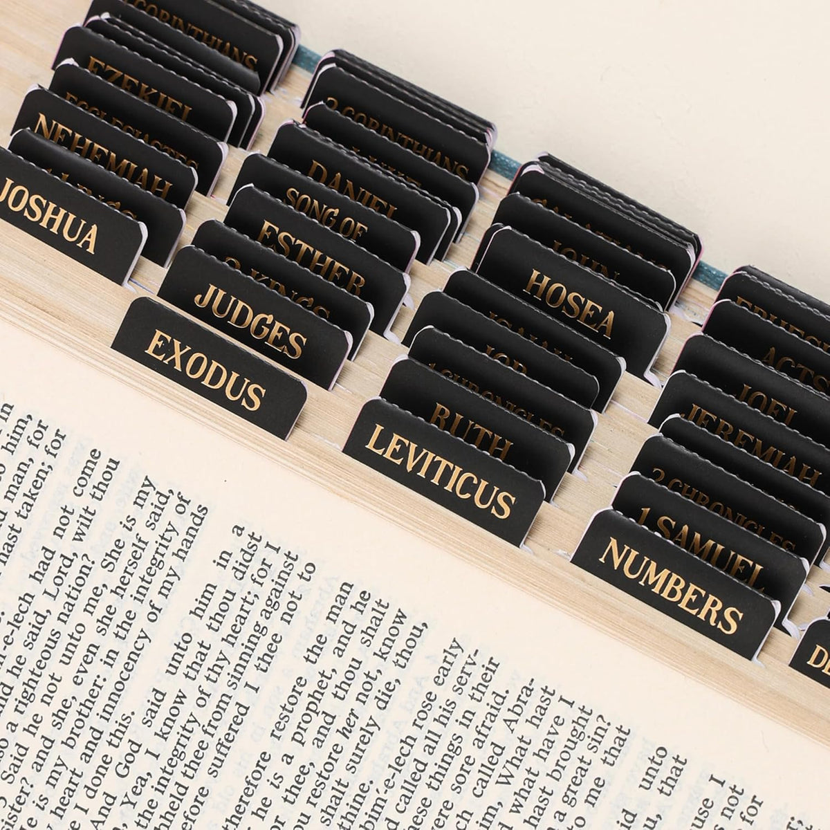 Laminated Bible Tabs, Gold Foil Embossed Lettering Bible Chapter Index Tabs for Women Men, Reposition Large Print Sticky Labels, Easy to Read and Apply, 105Chapters Labels for Easy Navigation (Black)
