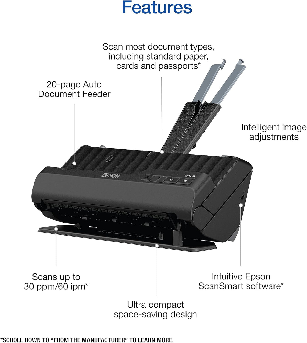 Epson Workforce ES-C220 Compact Desktop Document Scanner with 2-Sided Scanning and Auto Document Feeder (ADF) for PC and Mac
