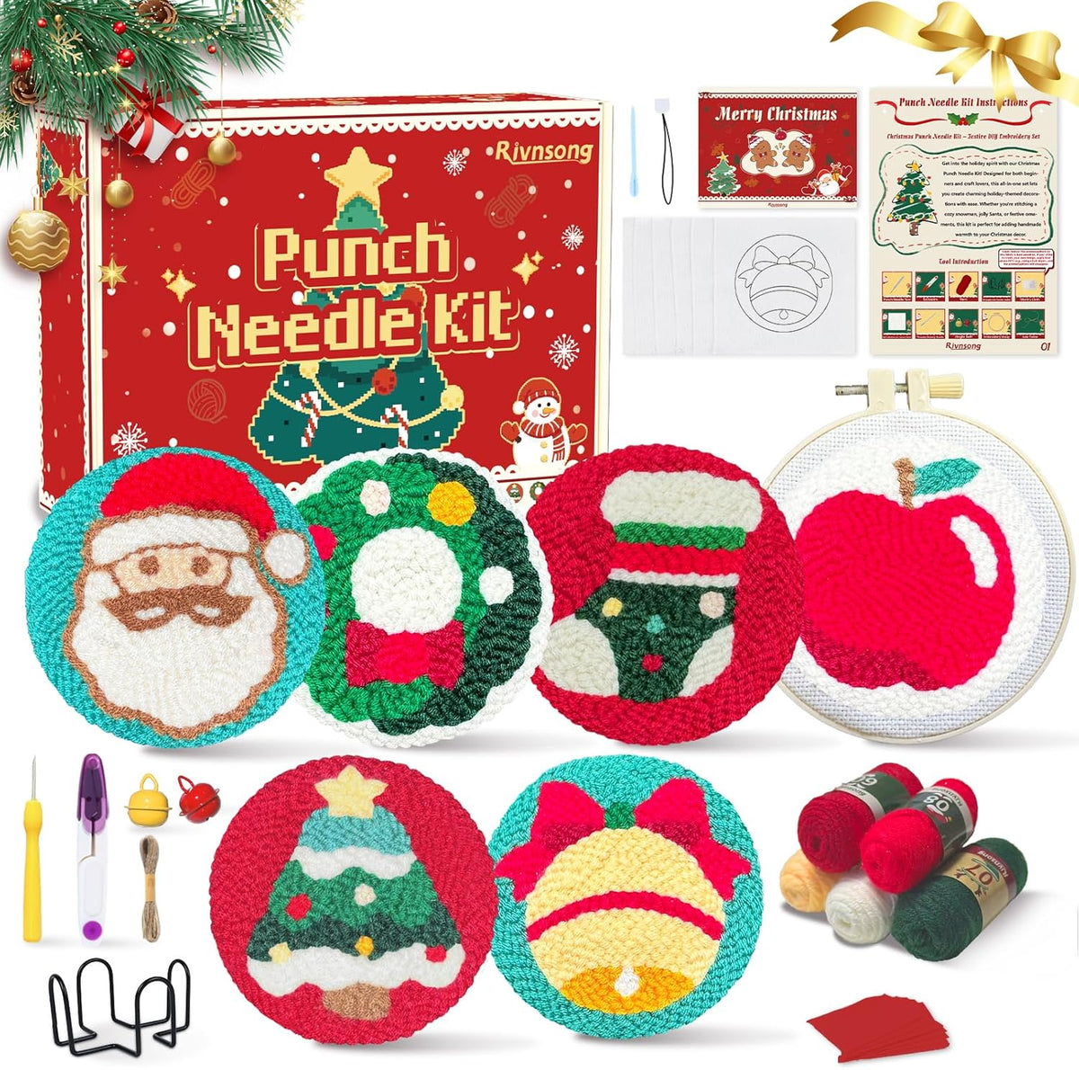 Rivnsong Christmas Punch Needle Kit – DIY Embroidery Set for Beginners to Make 6 Festive Coasters with Hoop, Monk’s Cloth, Tools and Yarn – Holiday Gift for Adults and Kids 8+