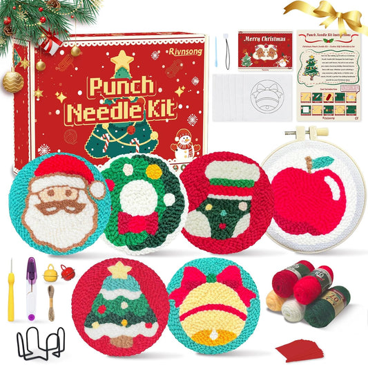 Rivnsong Christmas Punch Needle Kit – DIY Embroidery Set for Beginners to Make 6 Festive Coasters with Hoop, Monk’s Cloth, Tools and Yarn – Holiday Gift for Adults and Kids 8+