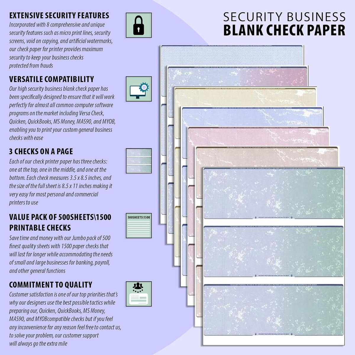 Business Voucher Check Stock - Computer Laser Checks - 3 Checks Per Page, 500 Sheets/1500 Checks, Gold Diamond