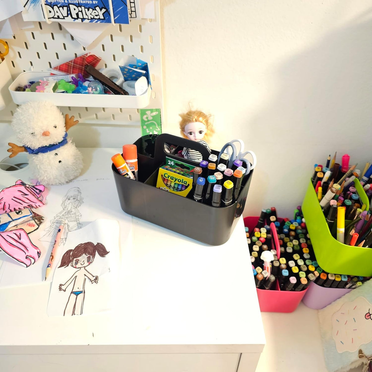 2 Pack Small 6 Compartment Multiuse Caddy Organizer with Handle Art Craft Supplies, Office, Desk, Stationery Pen Holder Stackable- Made In USA (Black/Pink)
