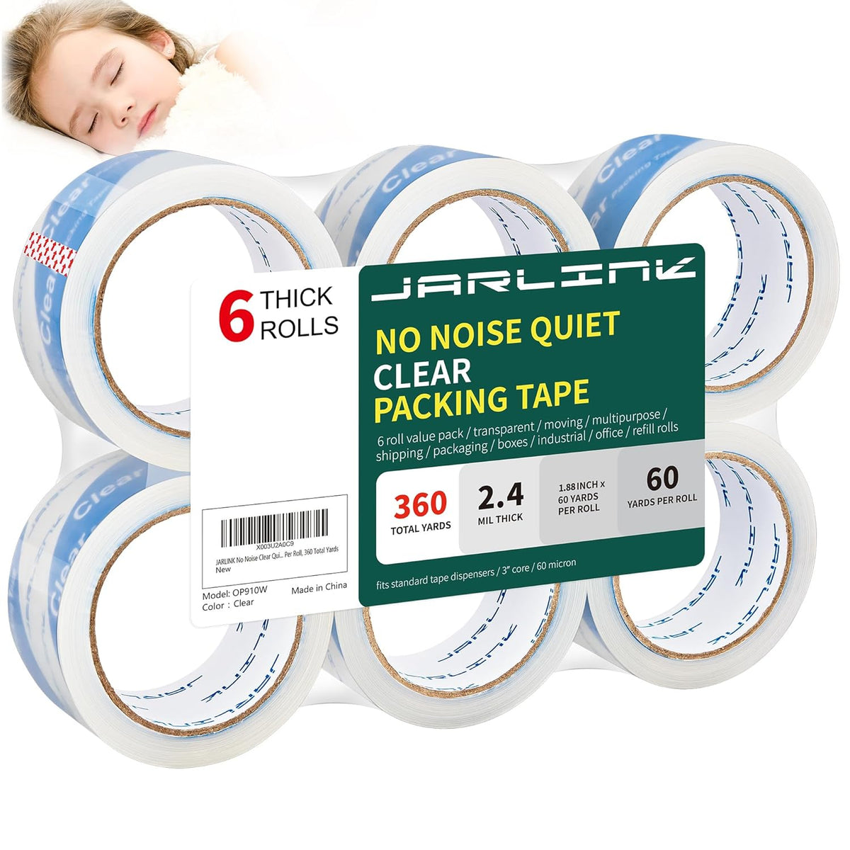 JARLINK No Noise Clear Quiet Packing Tape (6 Rolls), Heavy Duty Packaging Tape for Shipping Packaging Moving Sealing, 2.4mil Thick, 1.88 inches Wide, 60 Yards Per Roll, 360 Total Yards