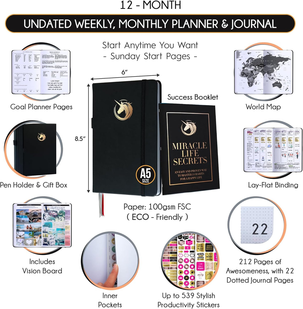 Hourly Planner - Undated Daily, Weekly & Monthly Planner with Budget Section | A 12 Month Journey to Increase Productivity & Happiness | Life Organizer & Gratitude Journal - Vertical Format