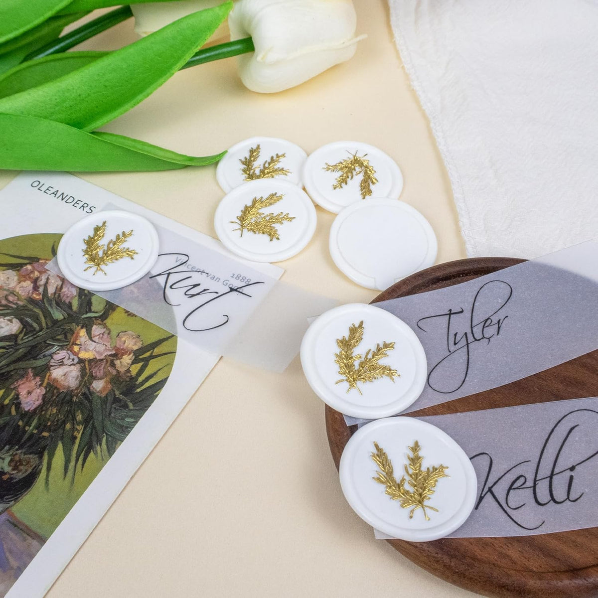 25Pcs Gold & White Wax Seal Stickers - Handmade Envelope Seals, Self Adhesive - Wedding, Party Invitations, Gift Wrap, Christmas - Gold Rosemary Style, White Wax