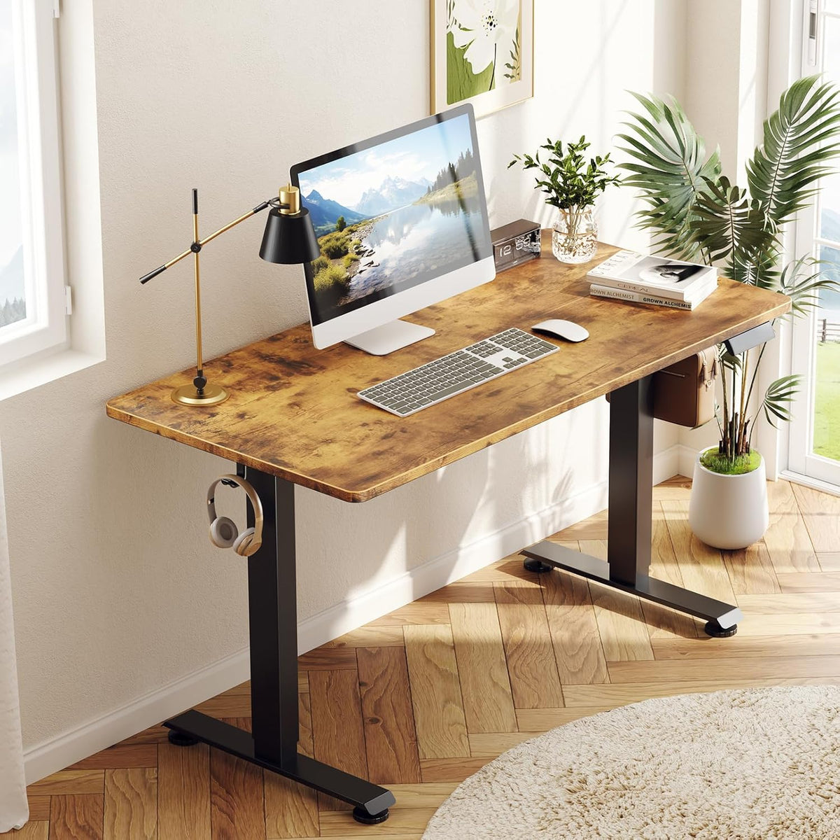 Veken 55 Inch, Height Adjustable Sit Stand Up, Wood Desktop, Work Home Office Computer PC Table, Tall Standup Workstation, Gaming Writing Study Bedroom Rising Desks, Brown