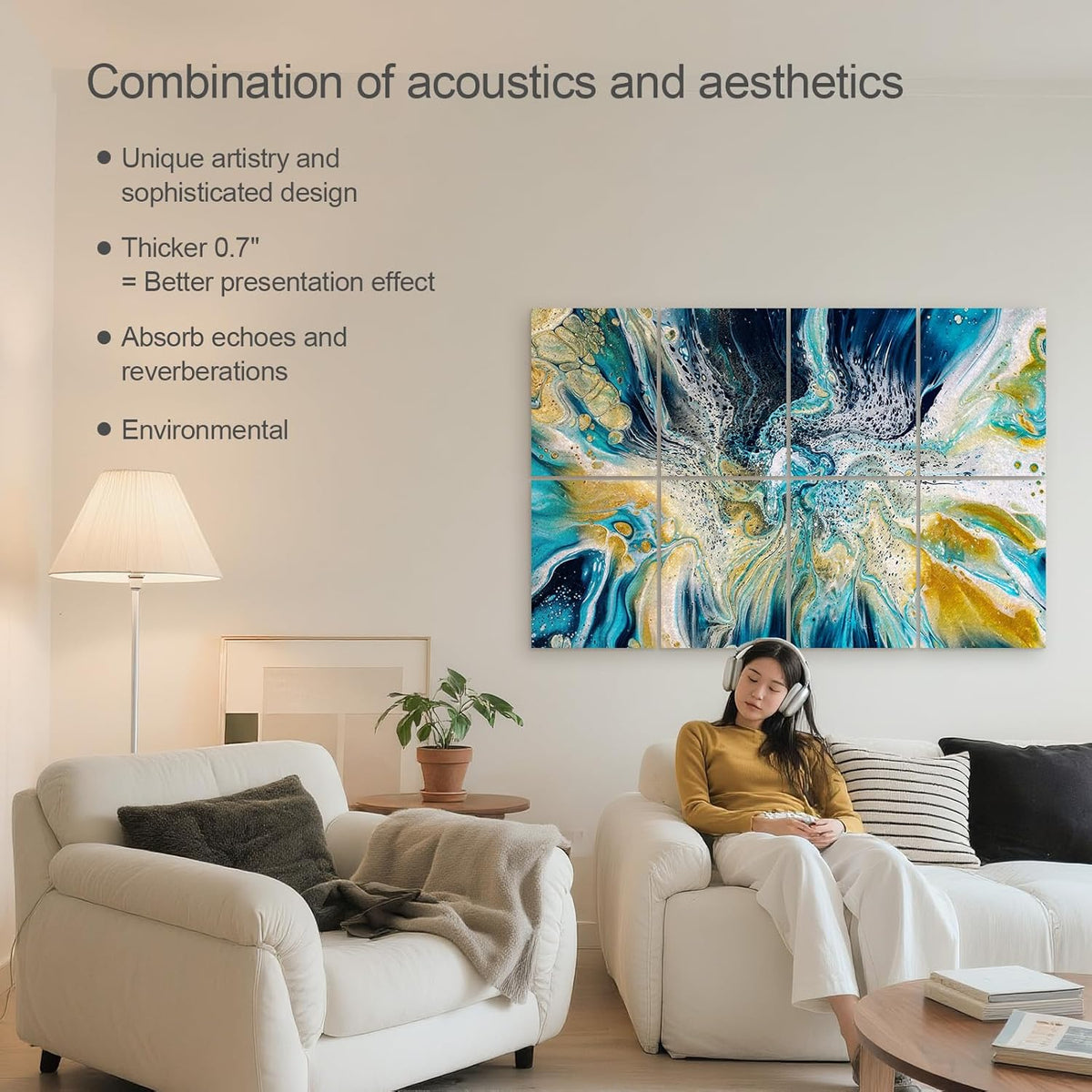 UMIACOUSTICS 8 Pcs 0.7Inch Thick Art Acoustic Panels, Total 47.2” x 31.5” Decorative Sound Absorbing Art Panels, Acoustical Wall Panels for Home, Office, Hotel, Lakeland Blue-Ripple