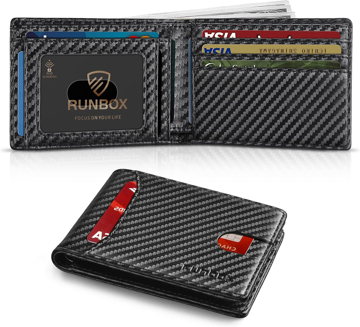 RUNBOX Novelty Wallet for Men Slim 11 Credit Card Holder Slots Leather RFID Blocking Small Thin Men's Wallet Bifold Minimalist Front Pocket Large Capacity Gift Box