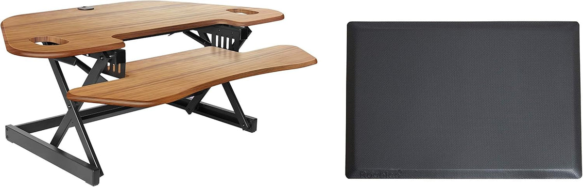 Rocelco 46" Height Adjustable Corner Standing Desk Converter with Anti Fatigue Mat Bundle - Quick Sit Stand Up Dual Monitor Riser - Computer Workstation - Teak Wood Grain (R CADRT-46-MAFM)