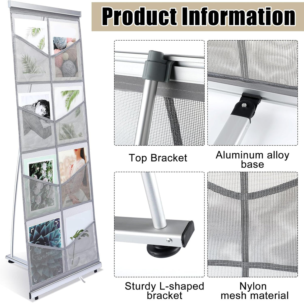 Outus 2 Pcs Mesh Literature Brochure Stand with 8 Pockets Portable Magazine Display Roll up Magazine Rack Lightweight Floor Standing Catalog Office Brochure Display Holder for Business