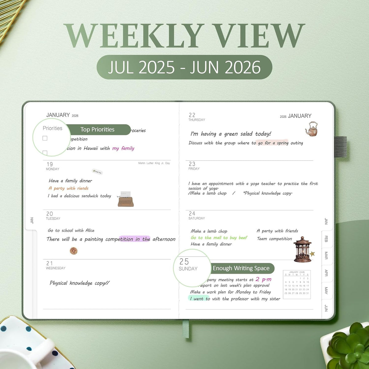 2025-2026 Planner for Women, Lather Weekly & Monthly Organizer, July 2025-June 2026, Hardcover with Gold Foil, Tabs, and Inspirational Pages - Ideal for Professionals, Green