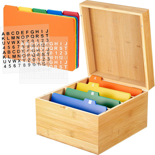 Henoyso 5 x 8 Inches Index Card Holder Set, Bamboo Recipe Box Organizer Index Cards Organizer, 50 Pcs Dividers 2 Sheets Alphabet Number Stickers File Note Holders for Office Business Home Kitchen
