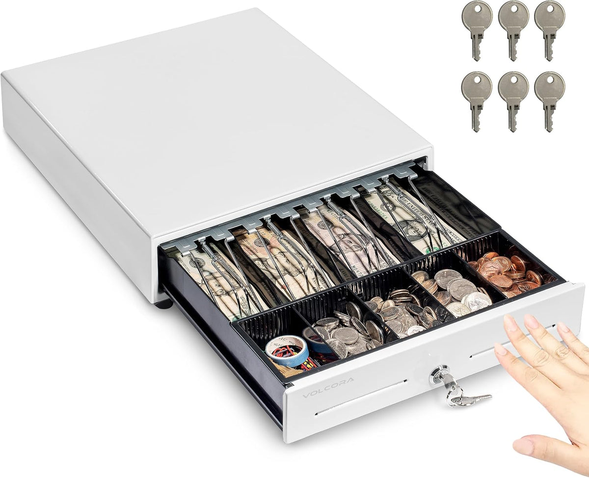 Volcora 13" Manual Push Open Cash Register Drawer for Point of Sale (POS) System, White Heavy Duty Till with 4 Bills and 5 Coin Slots, Key Lock with Removable Coin Tray and Double Media Slots