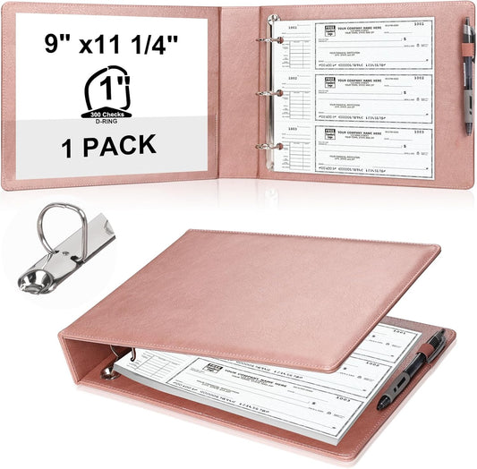 9" x11 1/4" PU Leather 3 Rings Personal Checks Binder for End-Stub Deskbook 3-Ring Binders for Desk Check fit 3 & 9 Holes Checkbook Binder Cover for Business Finances (Not Fit 7 Holes,Rose Gold)