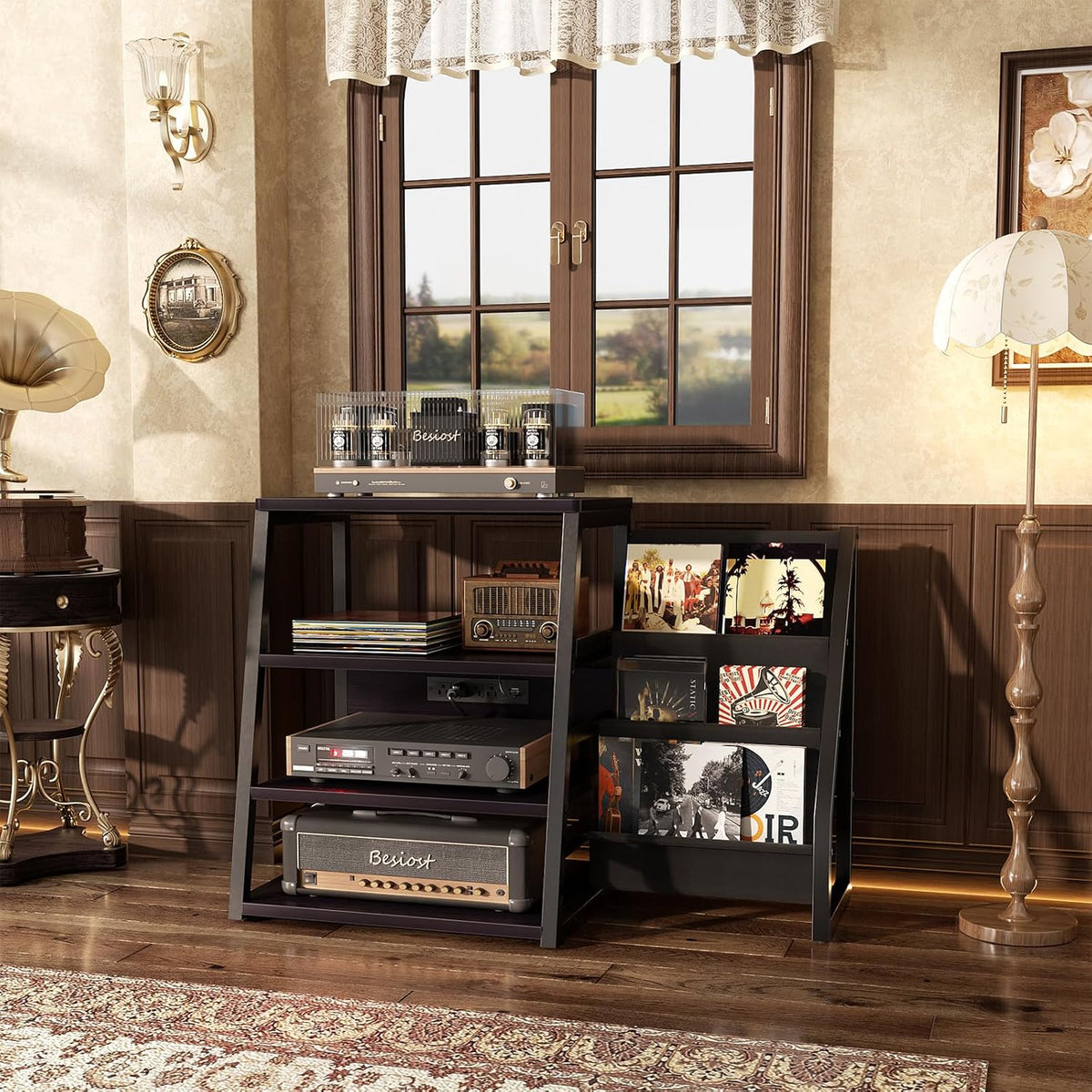AV Media Stand with Outlets, Stereo Stands and Racks with Vinyl Storage, Stereo Stand with Record Storage, Audio Stereo Rack Cabinet, Turntable Console Stand with LED lights, 4 Tiers, Black Ebony