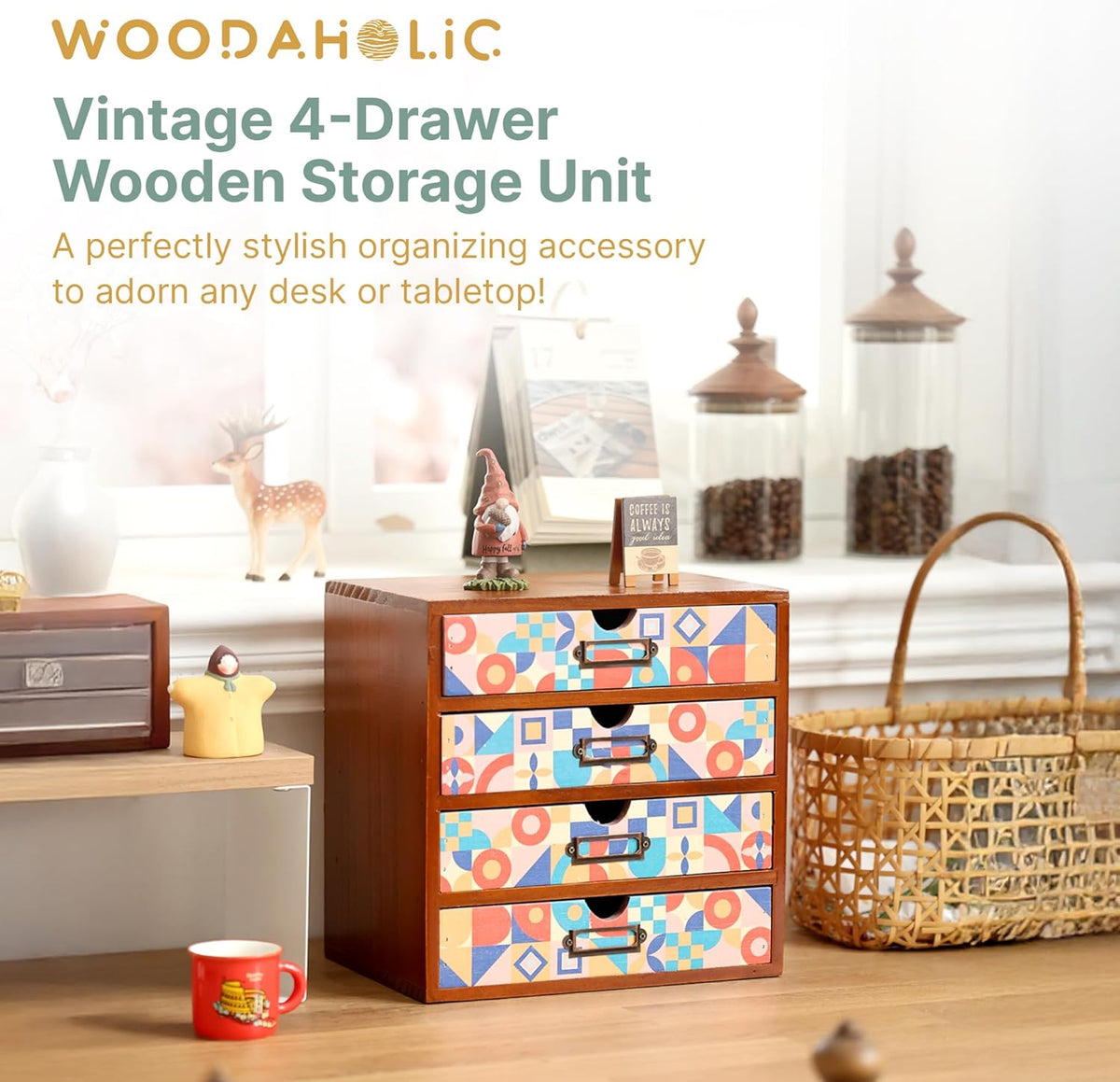 Add Color To Your Desk - MCM Geometric Wooden Desk Organizer - Desktop Storage with 4-Drawer - Wood Cabinet for Office Supplies, Craft Tools, & Home, Countertop, Tabletop Organization
