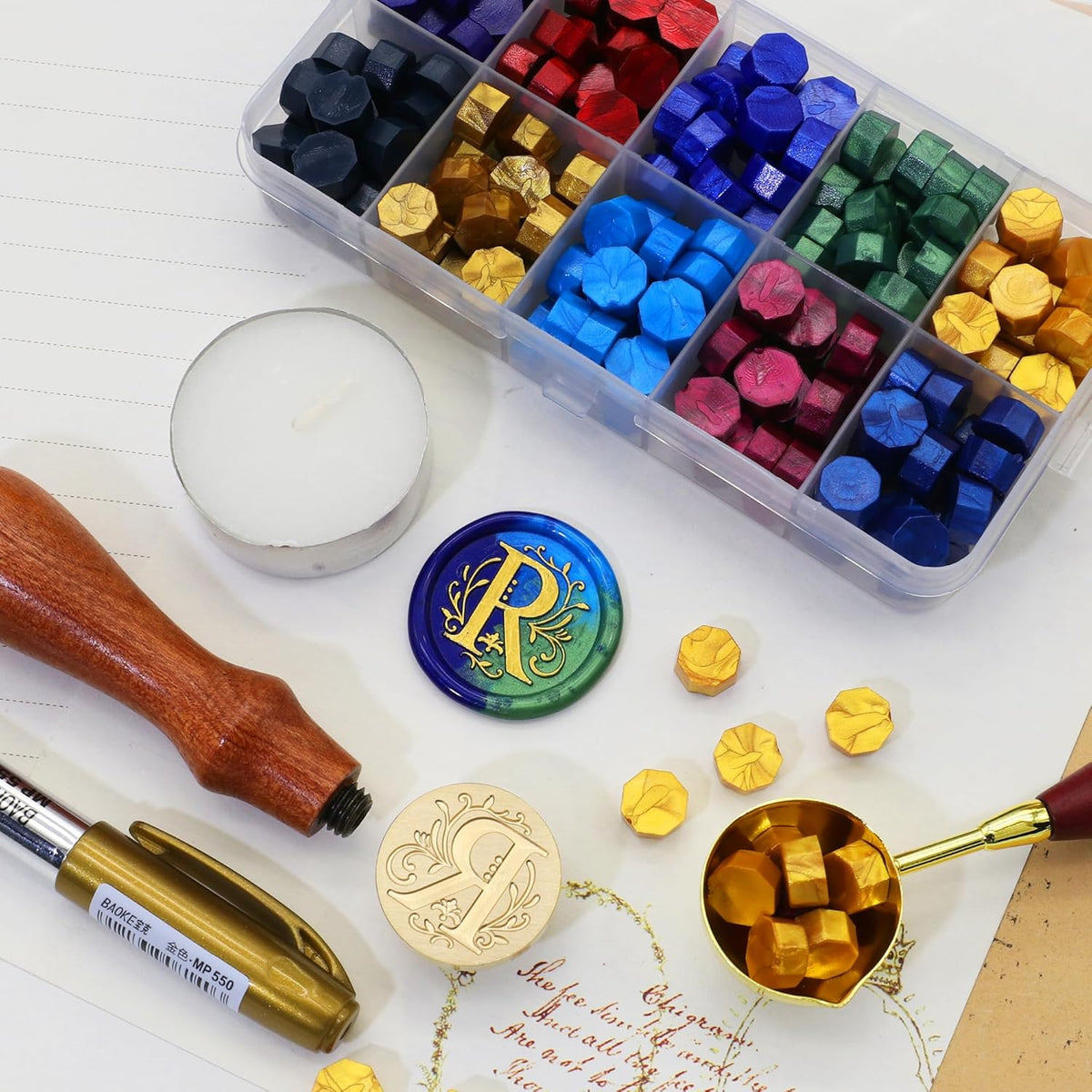 SWANGSA Initial Alphabet R Wax Seal Stamp Kit, Classic Retro Letter Sealing Stamp with 200pcs Sealing Wax Beads Kit for Wedding Invitations Cards Envelopes (R)