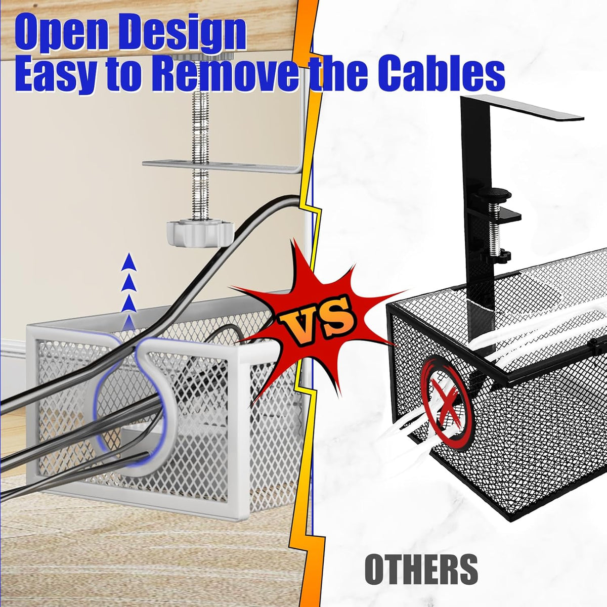 Under Desk Cable Management Tray, Metal Long Arms(3.9in), No Drill Mesh Wire Management Tray Cable Box for Office, Desk Wire Organizer with Clamp Mount, 1 Pack, White